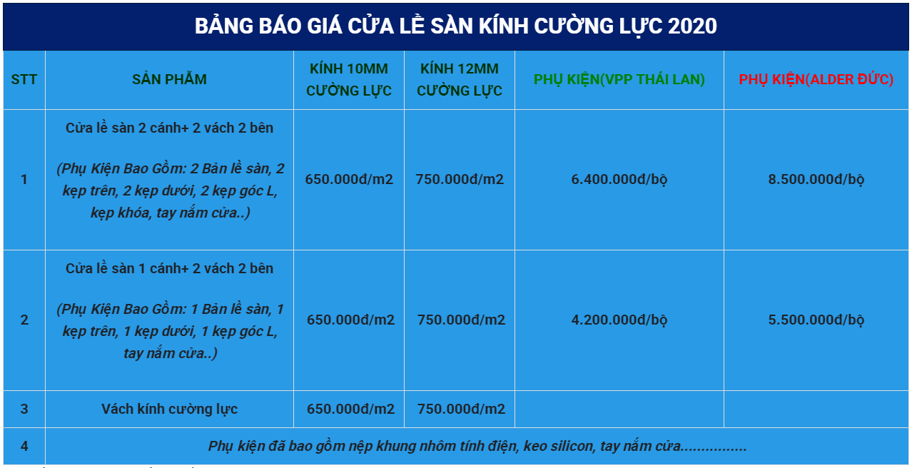 Báo giá cửa bản lề sàn kính cường lực phụ kiện VPP Thái Lan - Alder Đức
